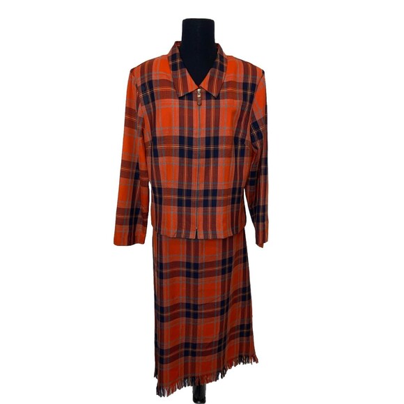 Sag Harbor Blanket Fringe Skirt Sz 16 & Crop Jacket Red Plaid - Picture 2 of 16